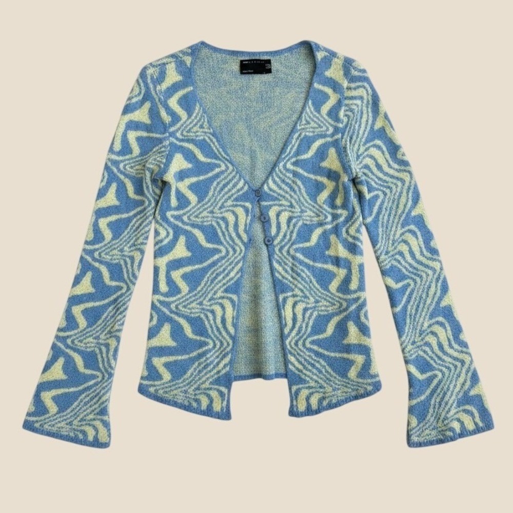 ASOS DESIGN Blue Yellow Marble Swirl Knit Cardigan V-Neck Sweater US 4